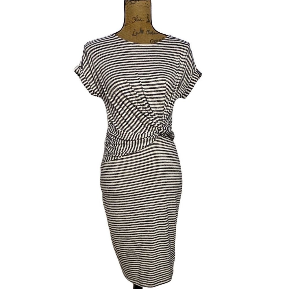 GAP XS Dress NWT White Heather Black Stripe Short Cuff Sl Twisted Waist Flirty